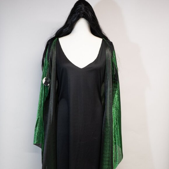 Spider Diva Black & Green Halloween Long Coat and Dress w/Long Black Wig - Picture 5 of 6
